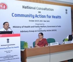 Mr C K Mishra, Additional Secretary and Mission Director, National Health Mission, MoHFW delivering opening remarks. (Left to right): Ms Poonam Muttreja, Member AGCA, and Mr Vinod Rai, Former Comptroller and Auditor General of India
